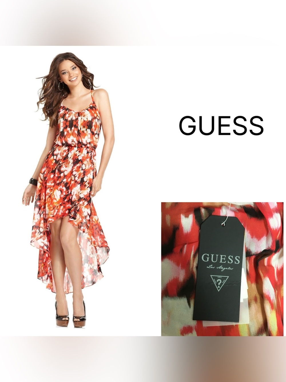 GUESS - M - NWT - RED MULTI CHIFFON HIGH-LO / MAXI DRESS